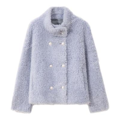 DALI PLUS“奶蓝色100绵羊毛颗粒毛”双排扣立领外套-D5MM2654