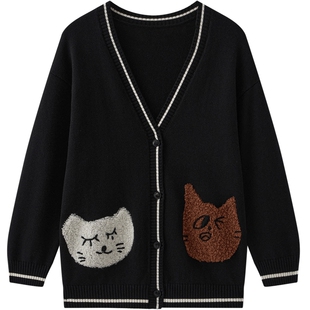 商场同款URLAZH有兰2025秋季新款黑色撞色慵懒风V领宽松针织开衫