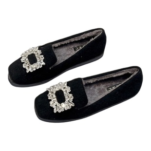 加绒豆豆鞋女2025新款秋冬季毛毛鞋女鞋时尚水钻方扣毛呢子乐福鞋