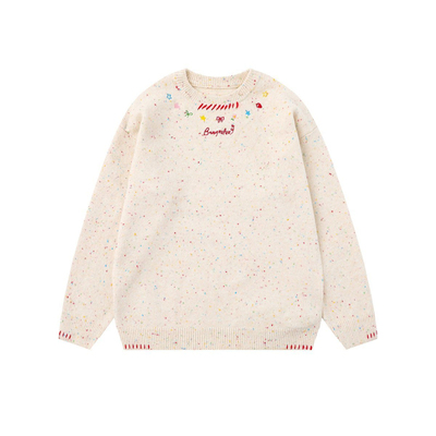 WUSUOBZ 韩系字母刺绣彩色斑点圆领毛衣女2025秋冬宽松休闲针织衫