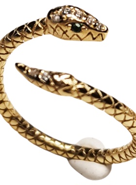 925纯银镀14k金绿眼灵蛇戒指