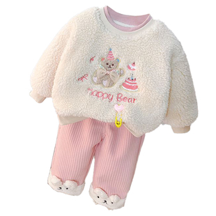 女童冬季套装加绒保暖卫衣套头新款婴儿童宝宝加厚毛衣服两件套潮