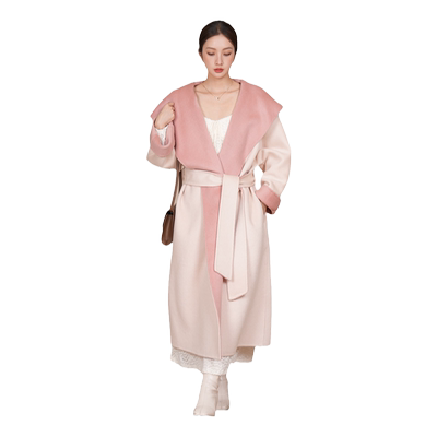 粉色长款双面羊绒大衣纯羊毛连帽