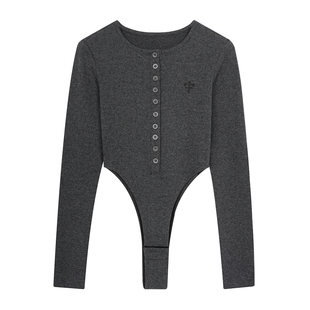 辣到中暑美式辣妹风街舞排扣长袖连体上衣女修身显瘦性感打底衫