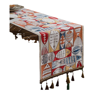 小鱼卡通棉麻布艺长条桌旗长方形家用餐桌布加厚茶几电视柜盖巾