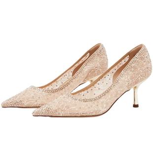 73hours女鞋十四行诗蕾丝水钻高跟鞋女秀禾婚纱新娘婚鞋浅口单鞋