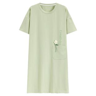 猫人纯棉睡裙女带胸垫春夏季中长款连衣裙2026新款短袖睡衣家居服