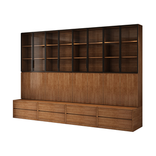 全实木卡座书柜组合带玻璃柜门一体落地收纳柜客厅满墙书橱书架