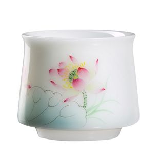 妙莲天香高档冰种玉瓷手绘主人杯茶杯个人专用陶瓷功夫茶具品茗杯