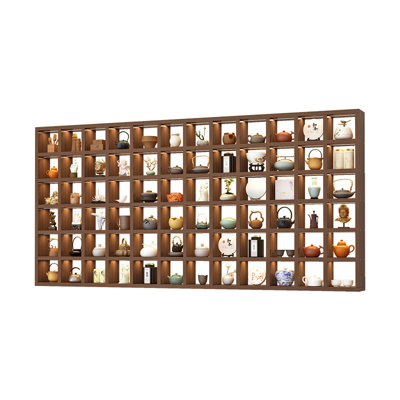 定制实木格子架茶壶茶杯展示架加灯LED款生态板创意多宝阁博古架