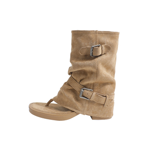 真皮~骄屿夹趾凉靴女废土风褶皱堆堆短靴罗马凉鞋裤管靴夏天靴子