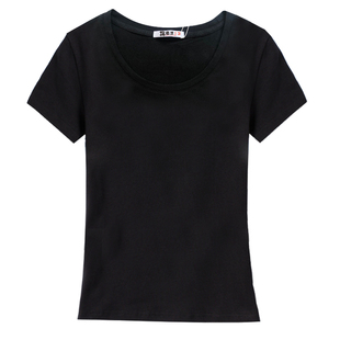 纯棉短袖t恤女U领纯色显瘦薄款百搭修身打底衫小个子洋气正肩上衣