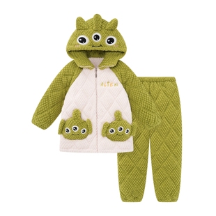 女童睡衣冬季2025新款三眼仔加厚款珊瑚绒三层夹棉亲子母女家居服