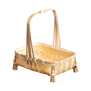 手工竹编提篮方形提手茶点水果篮子复古茶几零食筐家用提柄收纳篮