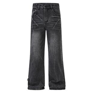 ROUTE66美式潮牌直筒牛仔裤2026新款水洗闪电裂纹宽松长裤男女款