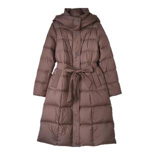 诗梦女装冬季收腰长款羽绒服连帽系腰带黑咖色修身显瘦百搭白鸭绒