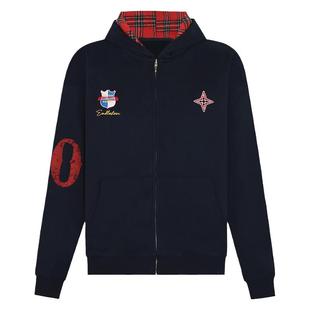 A11SLAVE美式复古做旧印花秋冬款格纹拼接情侣款卫衣连帽开衫外套