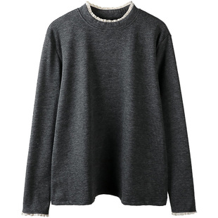 大码加绒打底衫女款200斤胖mm秋冬花边领立领薄绒宽松遮肚子内搭