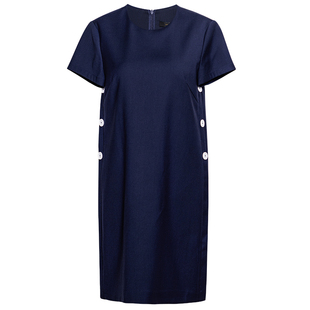 罗衣时尚高级通勤深蓝色连衣裙女夏知性职场圆领短袖直筒裙12276