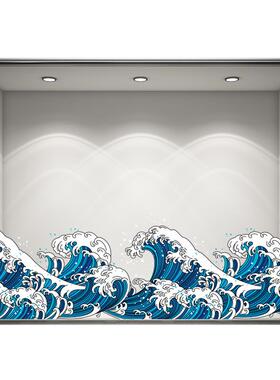 日式浮世绘海浪餐厅玻璃静电贴画
