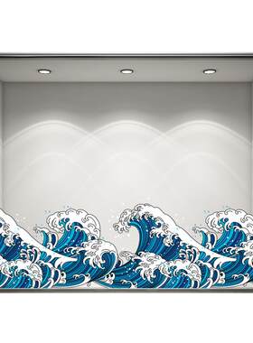 日式浮世绘海浪餐厅玻璃静电贴画