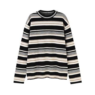 美利奴羊毛衣圆领条纹拼色针织衫