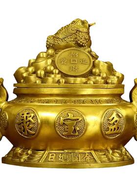 纯黄铜金蟾聚宝盆开盖存钱罐摆件