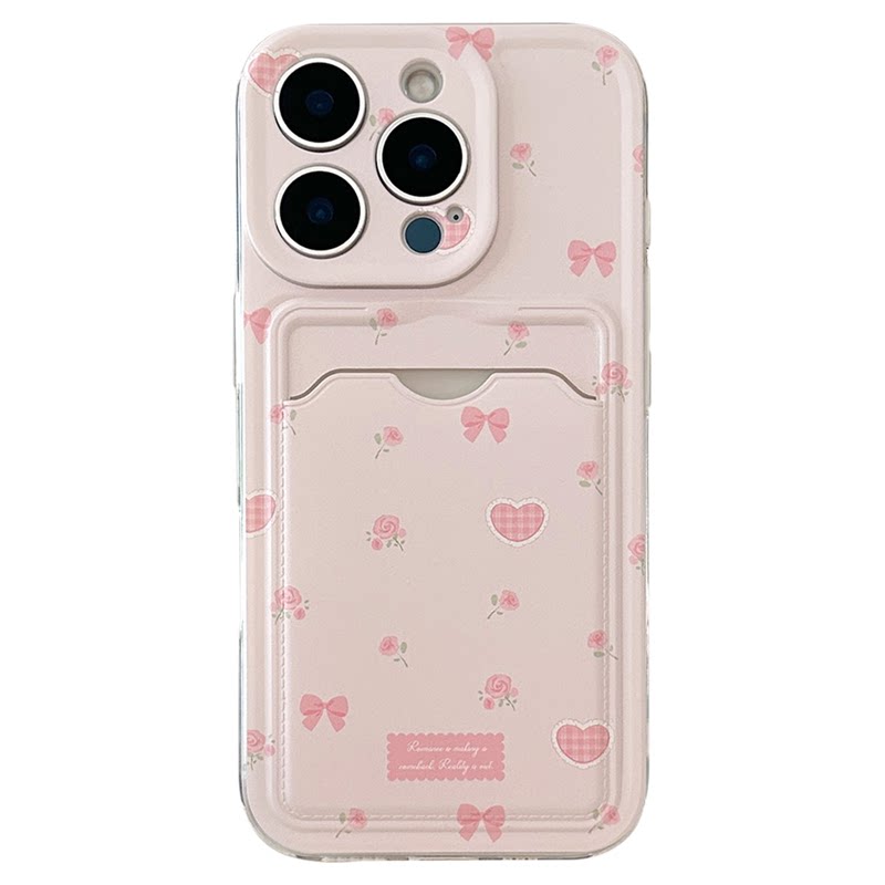 Pink rose bow card holder soft case适用iphone 11 12 13 14 15 16 17 pro max XR XS MAX 7 8 PLUS