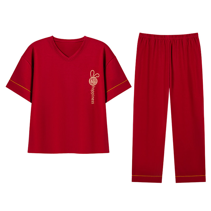 睡衣女半袖夏季纯棉休闲V领红色女款短袖长裤可外穿全棉家居服薄