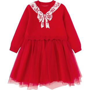 巴拉巴拉女童连衣裙中大童红色拜年服裙子秋冬款童装儿童公主裙潮