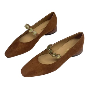 软面方头金币链玛丽珍女2026春秋新款复古法式舒适低粗跟绒面单鞋