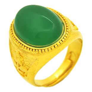 送男友送老公镀24K金色金镶玉男士戒指大老板仿真黄金绿宝石戒指