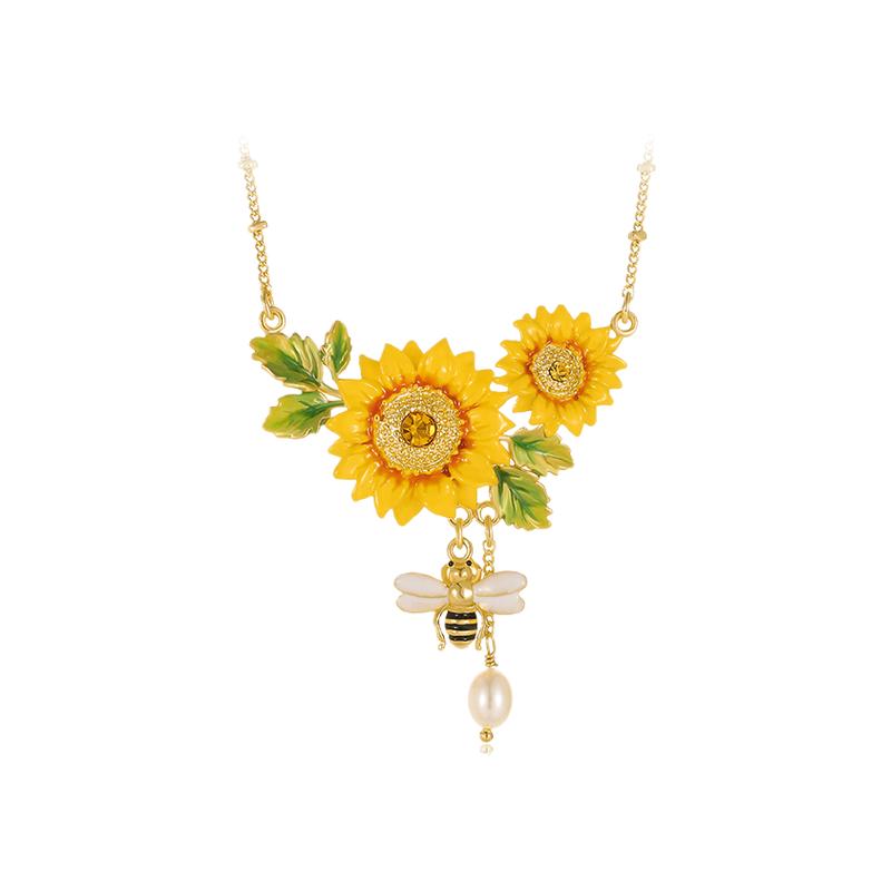 【梵高】向日葵蜜蜂珐琅珍珠项链女法式轻奢花朵锁骨链春夏款礼物
