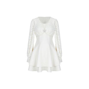 安妮不火 千金风雪尼尔蕾丝拼接呢料连衣裙女微胖大码收腰气质裙