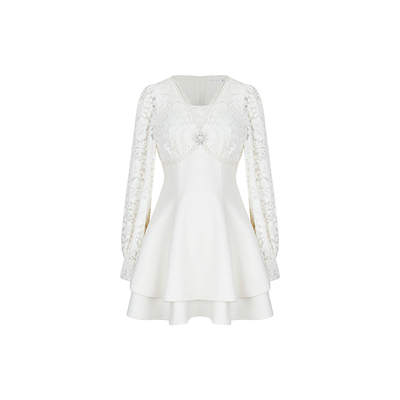 安妮不火 千金风雪尼尔蕾丝拼接呢料连衣裙女微胖大码收腰气质裙