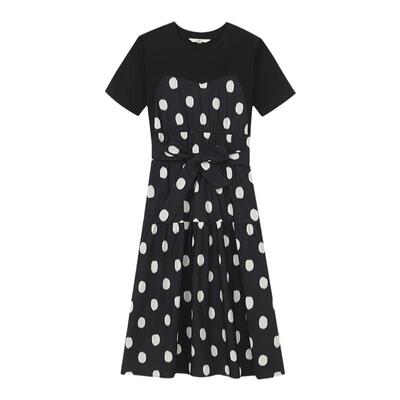 末未黑底白波点拼接连衣裙