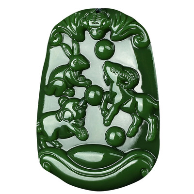 男女招财好运绿色兔羊猪三合吊坠