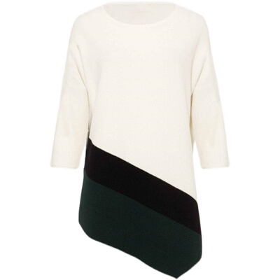 Phase Eight七分袖针织衫毛衣上衣白色斜条纹拼色直筒不规则下摆