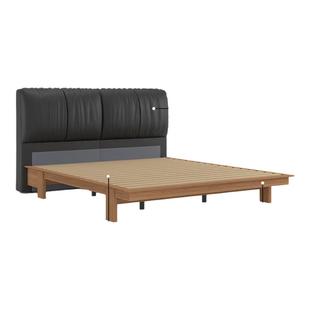 慕思真皮床全实木床樱桃木黑色卧室大床现代简约床主卧双人床高脚