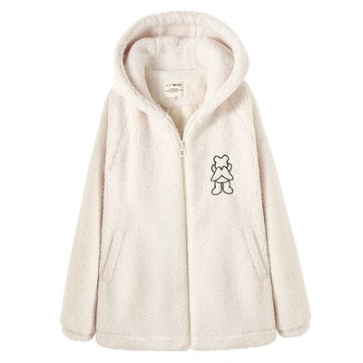 毛绒少女风宽松连帽可爱绣花棉服