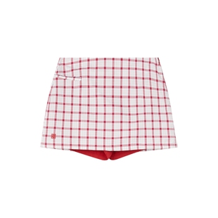 oneup红色格子短裤裙女夏季薄款小个子全棉修身a字短裙短款半身裙