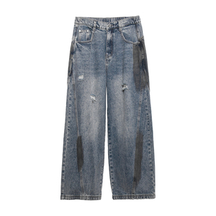 原创潮牌秋冬季美式复古个性不规则抽象做旧破洞直筒宽松牛仔裤男