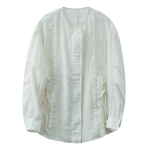 设计师款亚麻薄款防晒外套夏季新款透气拉链抽绳收腰宽松休闲上衣