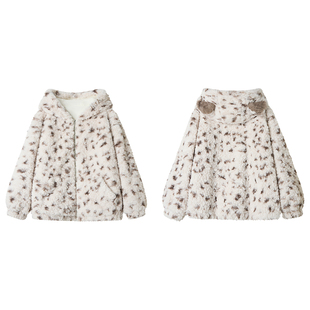 【冬眠奶熊】Uena白色撞色豹纹熊耳朵连帽环保皮草加绒加厚外套女