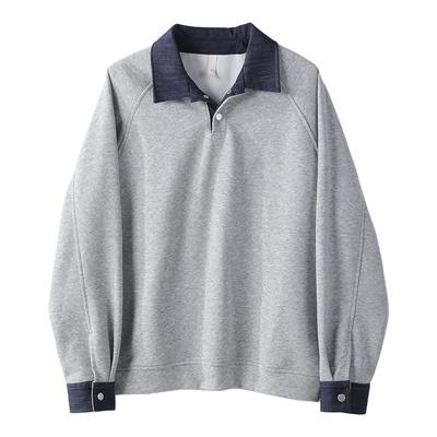 特价 350g重磅撞色落肩长袖POLO衫男秋水洗棉牛仔布拼接翻领卫衣