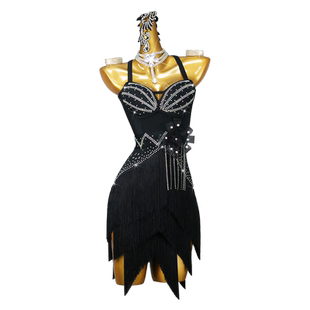 2026新款黑色拉丁舞比赛服装专业高级恰恰流苏连衣裙成年儿童花服