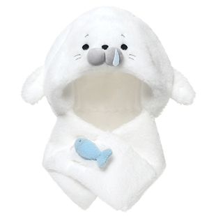 捉趣海豹帽子女冬季百搭可爱毛绒围巾连帽保暖围脖两件套玩偶帽子