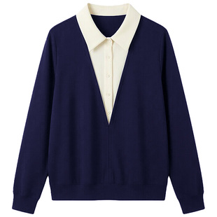 绿色假两件卫衣女款2026春季新款正肩polo领拼接洋气宽松无帽上衣