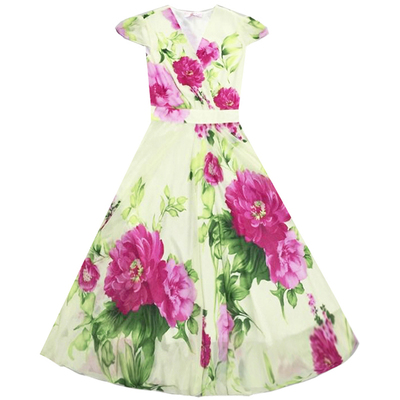 复古V领短袖碎花雪纺连衣裙长裙