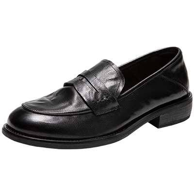 千百度手抓皮低跟乐福鞋女秋季新款英伦风小皮鞋通勤深口单鞋